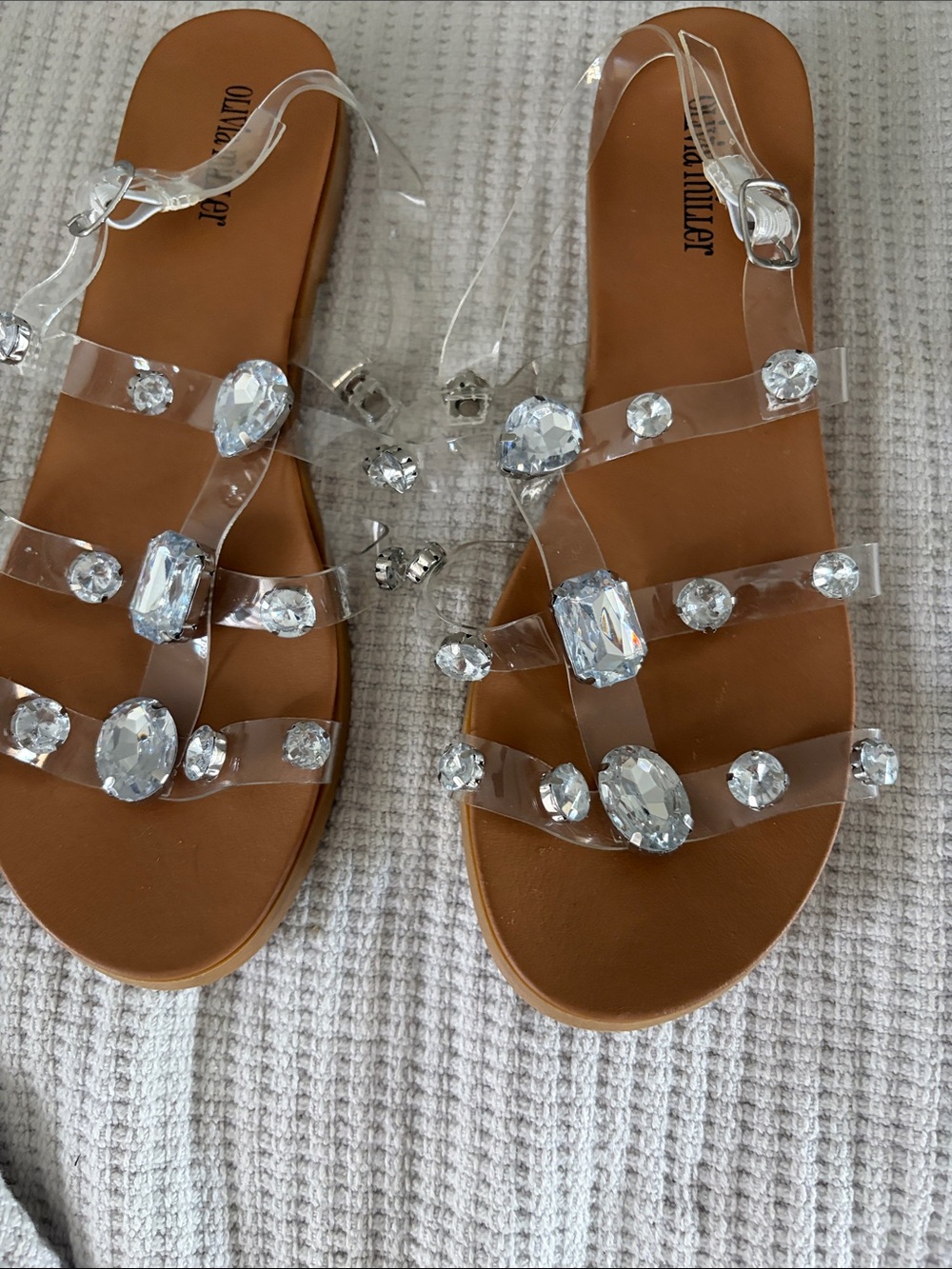 NWOT Saks Fifth Ave Olivia Miller Clear Jewel Strappy Sandals - Brown